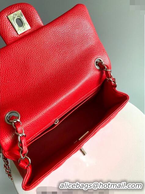 Spot Bulk Chanel Grained Calfskin Classic Mini Flap Bag A01116 Red/Silver 2024