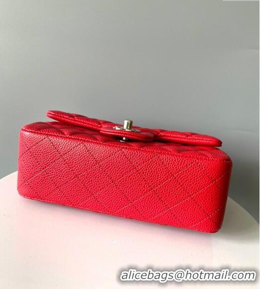 Spot Bulk Chanel Grained Calfskin Classic Mini Flap Bag A01116 Red/Silver 2024