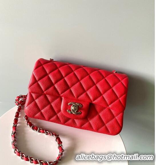 Spot Bulk Chanel Grained Calfskin Classic Mini Flap Bag A01116 Red/Silver 2024