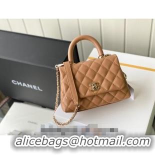 Top Quality Chanel Grained Calfskin Mini Flap Bag with Top Handle AS2215 Brown Leather 2024 