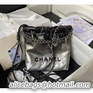 New Release Creation Chanel 22 Metallic Shaded Calfskin Mini Shopping Bag AS3980 Black/Silver 2024