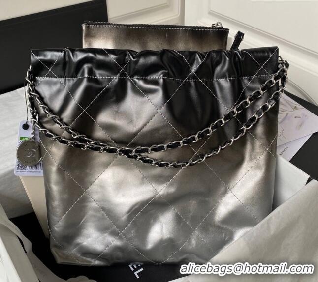 Spot Bulk Chanel 22 Metallic Shaded Calfskin Small Shopping Bag AS3260 Black/Silver 2024