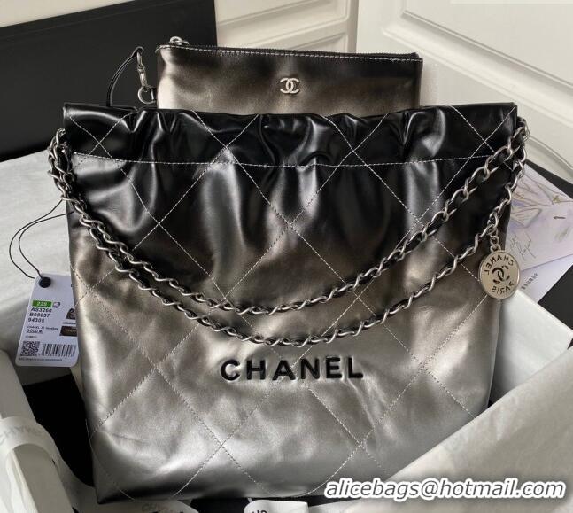 Spot Bulk Chanel 22 Metallic Shaded Calfskin Small Shopping Bag AS3260 Black/Silver 2024