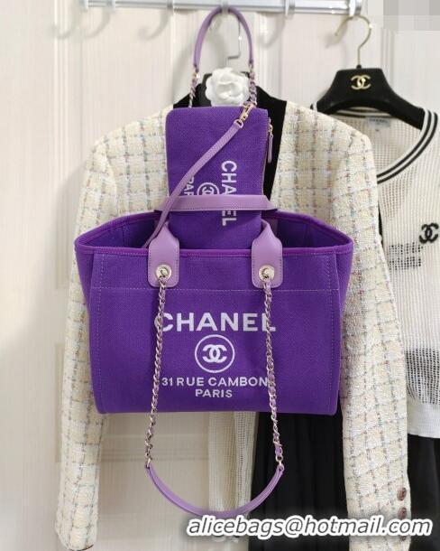 Luxurious Chanel Deauville Mixed Fibers & Calfskin Medium Shopping Bag A8012 Violet Purple 2024