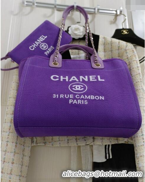 Luxurious Chanel Deauville Mixed Fibers & Calfskin Medium Shopping Bag A8012 Violet Purple 2024