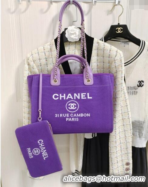 Luxurious Chanel Deauville Mixed Fibers & Calfskin Medium Shopping Bag A8012 Violet Purple 2024