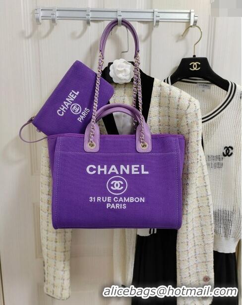 Luxurious Chanel Deauville Mixed Fibers & Calfskin Medium Shopping Bag A8012 Violet Purple 2024