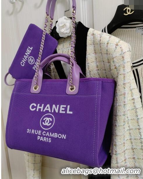 Luxurious Chanel Deauville Mixed Fibers & Calfskin Medium Shopping Bag A8012 Violet Purple 2024