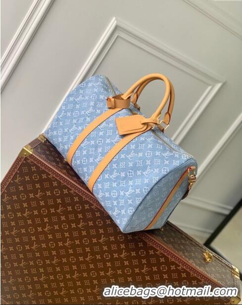 Promotional Louis Vuitton Keepall Bandoulière 45 Bag in Monogram Denim 100% GOTS-certified M25334 Blue 2024