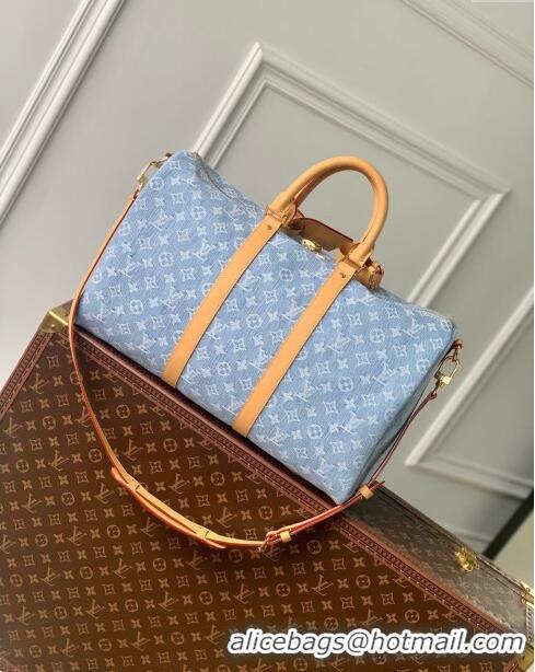 Promotional Louis Vuitton Keepall Bandoulière 45 Bag in Monogram Denim 100% GOTS-certified M25334 Blue 2024