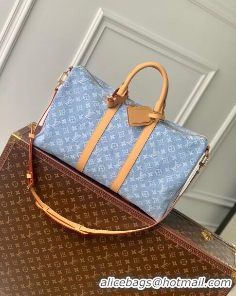 Promotional Louis Vuitton Keepall Bandoulière 45 Bag in Monogram Denim 100% GOTS-certified M25334 Blue 2024