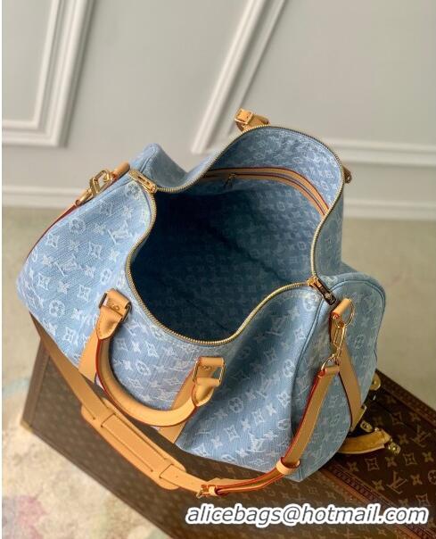 Promotional Louis Vuitton Keepall Bandoulière 45 Bag in Monogram Denim 100% GOTS-certified M25334 Blue 2024