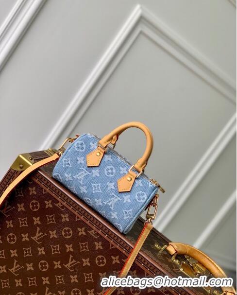 Promotional Louis Vuitton Nano Speedy Bag in Monogram Denim 100% GOTS-certified Cotton M11212 Blue 2024