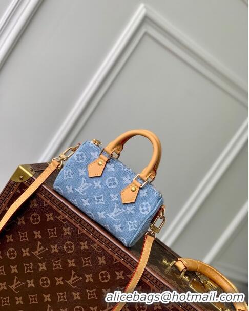 Promotional Louis Vuitton Nano Speedy Bag in Monogram Denim 100% GOTS-certified Cotton M11212 Blue 2024