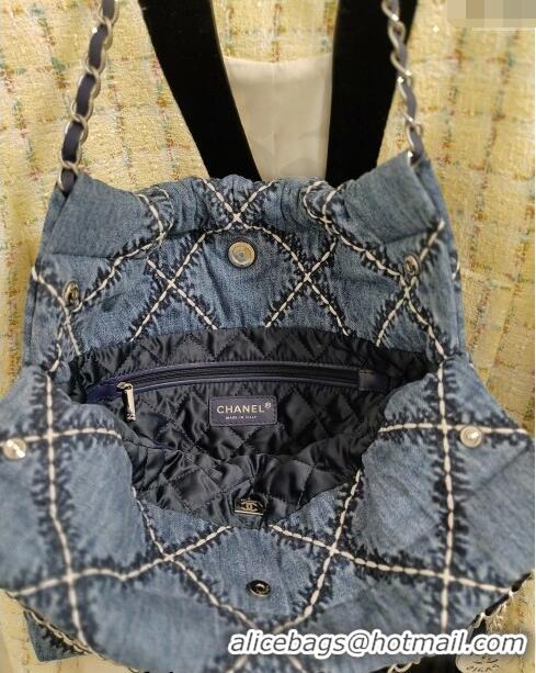 Good Quality Chanel Stitched Denim 22 Small Shopping Bag AS3260 Blue 2024