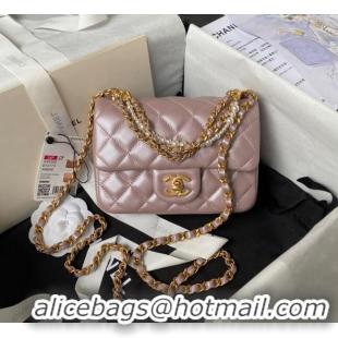 Top Quality Chanel Shiny Lambskin Mini Flap Bag with Chain and Pearls AS4385 Pink 2024