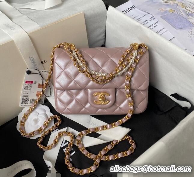 Top Quality Chanel Shiny Lambskin Mini Flap Bag with Chain and Pearls AS4385 Pink 2024