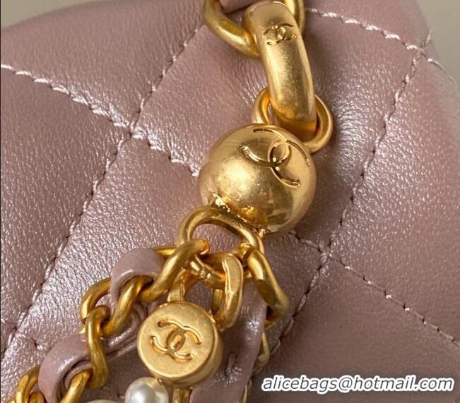 Top Quality Chanel Shiny Lambskin Mini Flap Bag with Chain and Pearls AS4385 Pink 2024