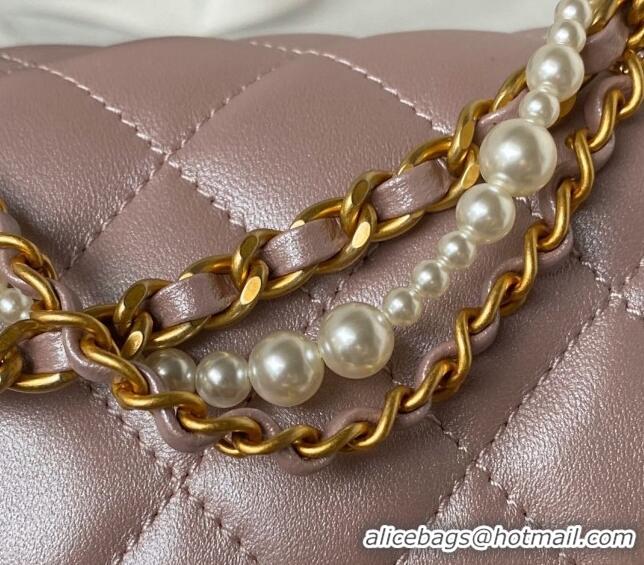 Top Quality Chanel Shiny Lambskin Mini Flap Bag with Chain and Pearls AS4385 Pink 2024