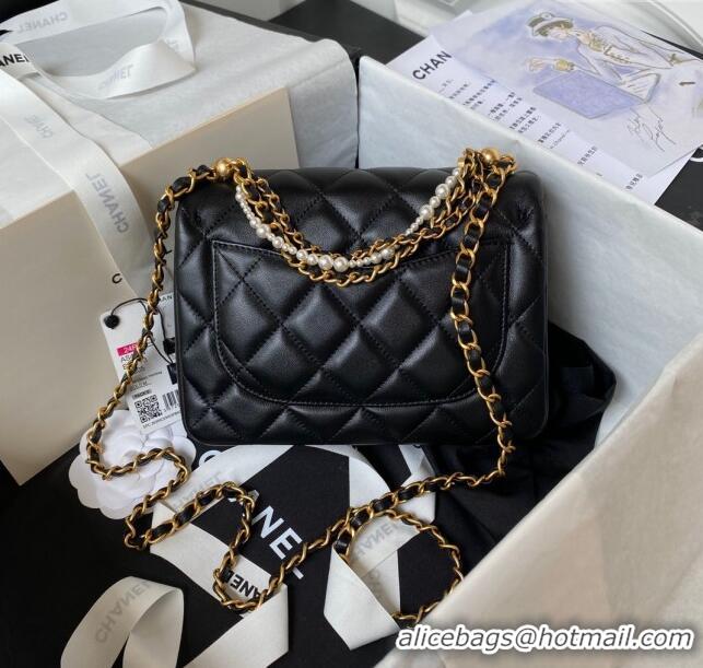 Famous Brand Chanel Shiny Lambskin Small Flap Bag with Chain and Pearls AS4384 Black 2024