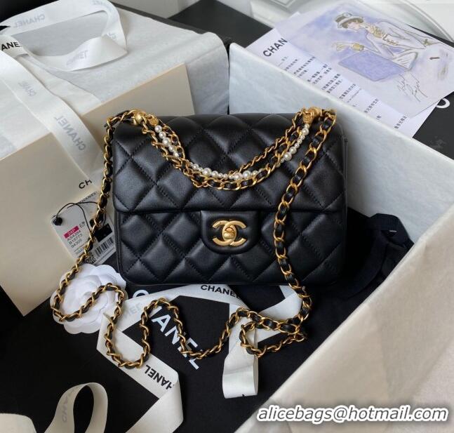 Famous Brand Chanel Shiny Lambskin Small Flap Bag with Chain and Pearls AS4384 Black 2024