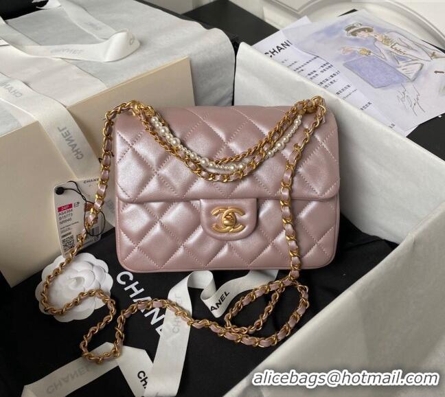 Top Design Chanel Shiny Lambskin Small Flap Bag with Chain and Pearls AS4384 Pink 2024