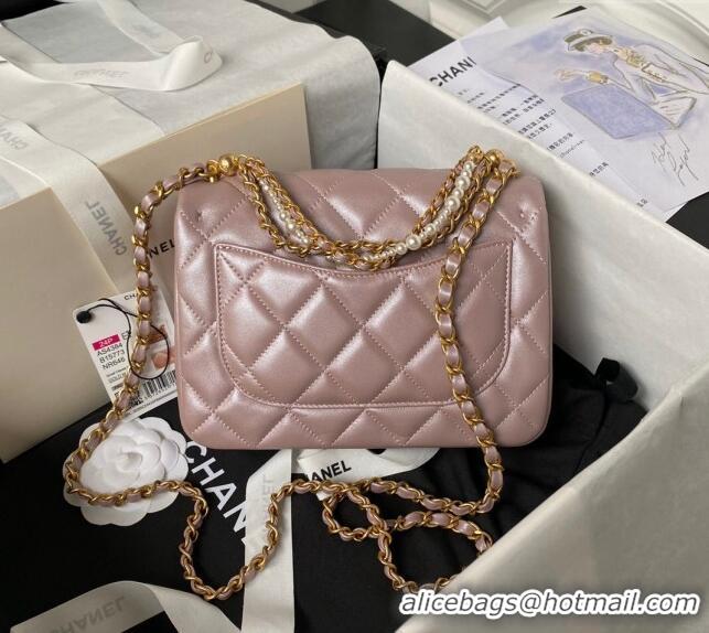 Top Design Chanel Shiny Lambskin Small Flap Bag with Chain and Pearls AS4384 Pink 2024