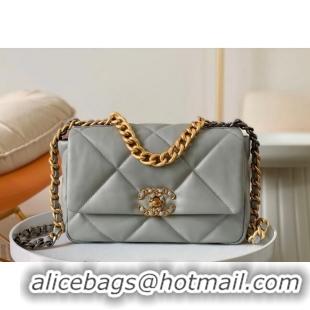 Grade Quality Chanel 19 Shiny Lambskin Small Flap Bag AS1160 Light Grey 2024