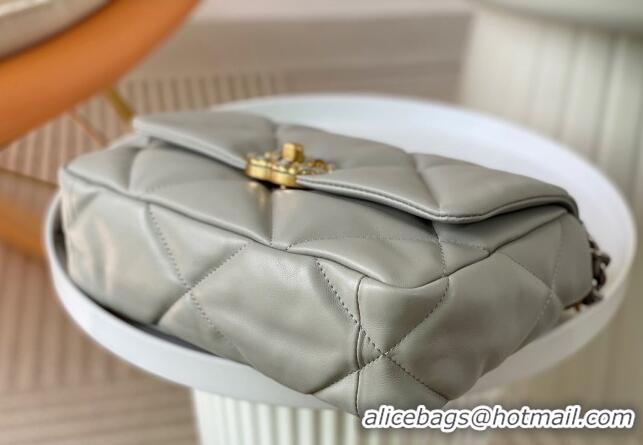 Grade Quality Chanel 19 Shiny Lambskin Small Flap Bag AS1160 Light Grey 2024