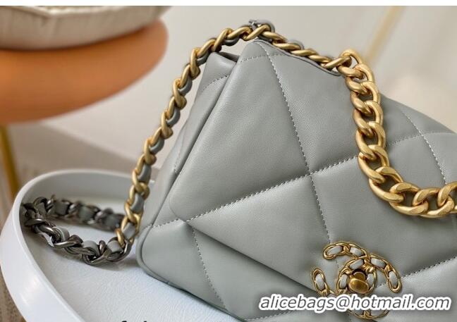 Grade Quality Chanel 19 Shiny Lambskin Small Flap Bag AS1160 Light Grey 2024