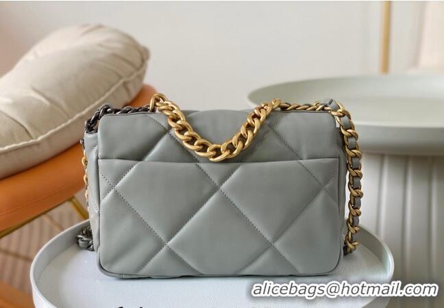 Grade Quality Chanel 19 Shiny Lambskin Small Flap Bag AS1160 Light Grey 2024