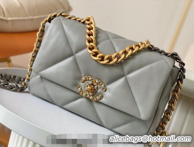 Grade Quality Chanel 19 Shiny Lambskin Small Flap Bag AS1160 Light Grey 2024