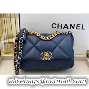 Grade Quality Chanel 19 Shiny Lambskin Small Flap Bag AS1160 Dark Blue 2024