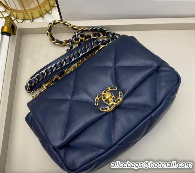 Grade Quality Chanel 19 Shiny Lambskin Small Flap Bag AS1160 Dark Blue 2024