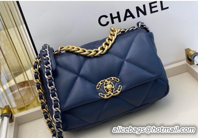 Grade Quality Chanel 19 Shiny Lambskin Small Flap Bag AS1160 Dark Blue 2024