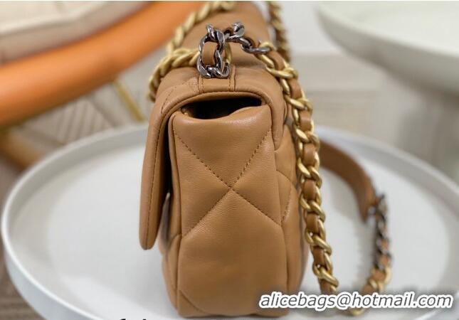 Top Quality Chanel 19 Shiny Lambskin Small Flap Bag AS1160 Caramel Brown 2024