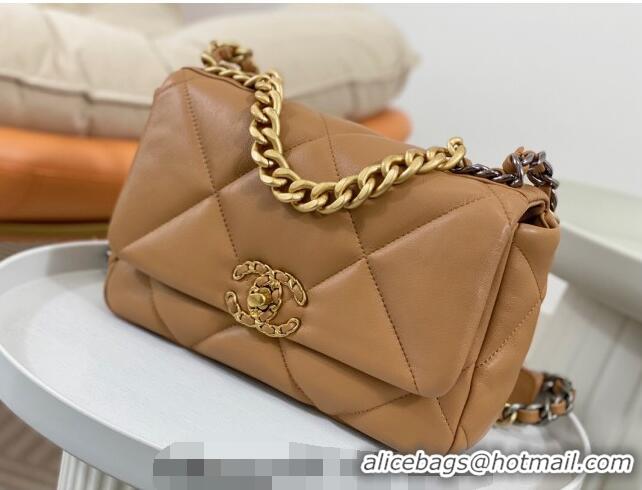 Top Quality Chanel 19 Shiny Lambskin Small Flap Bag AS1160 Caramel Brown 2024