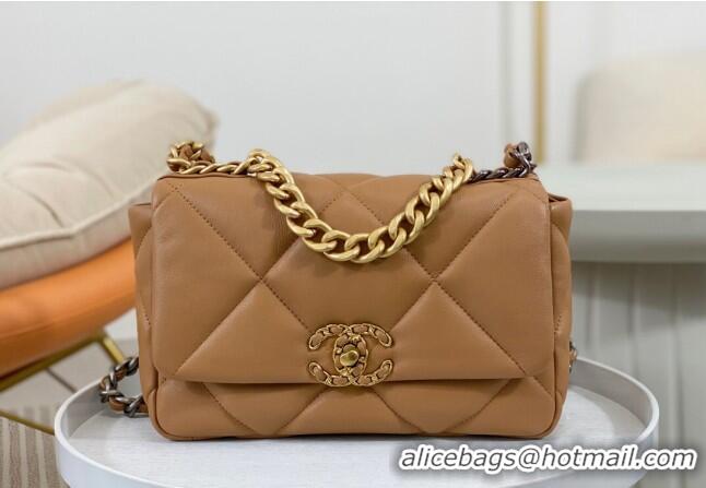 Top Quality Chanel 19 Shiny Lambskin Small Flap Bag AS1160 Caramel Brown 2024