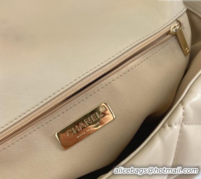 Pretty Style Chanel 19 Shiny Lambskin Maxi Flap Bag AS1162 Beige/Gold 2024