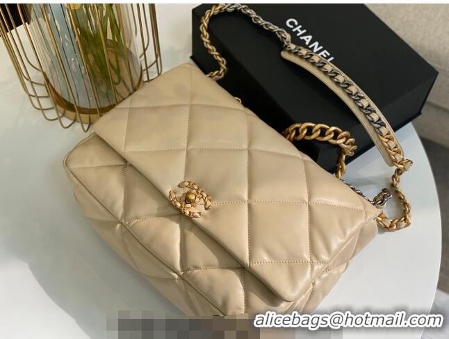 Pretty Style Chanel 19 Shiny Lambskin Maxi Flap Bag AS1162 Beige/Gold 2024