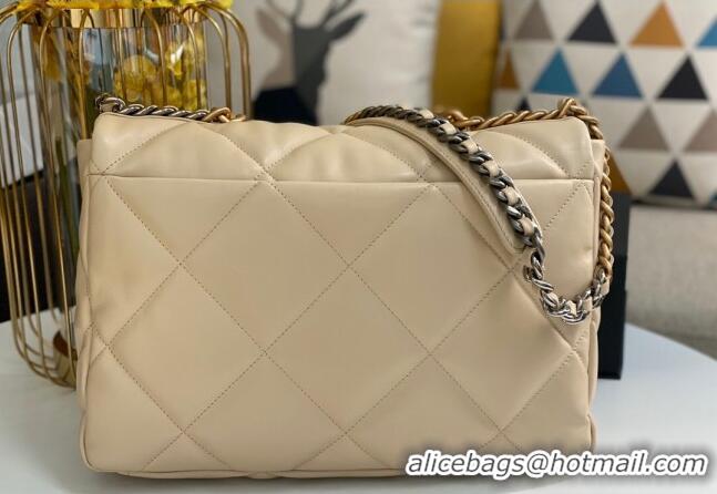 Pretty Style Chanel 19 Shiny Lambskin Maxi Flap Bag AS1162 Beige/Gold 2024