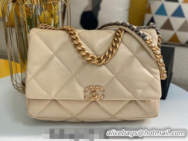 Pretty Style Chanel 19 Shiny Lambskin Maxi Flap Bag AS1162 Beige/Gold 2024