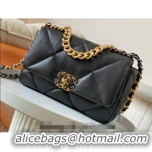 Top Quality Chanel 19 Shiny Lambskin Small Flap Bag AS1160 Black/Gold 2024