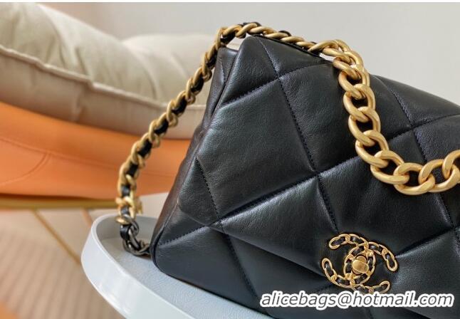 Top Quality Chanel 19 Shiny Lambskin Large Flap Bag AS1161 Black/Gold 2024