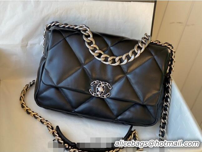 Pretty Style Chanel 19 Shiny Lambskin Large Flap Bag AS1161 Black/Silver 2024