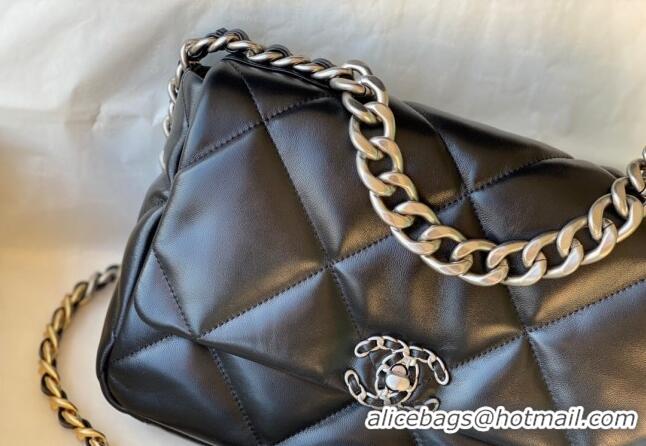 Pretty Style Chanel 19 Shiny Lambskin Large Flap Bag AS1161 Black/Silver 2024