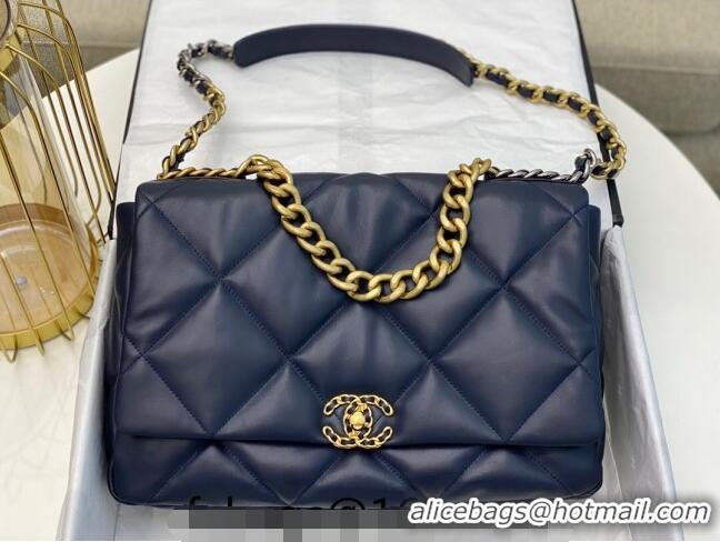 Pretty Style Chanel 19 Shiny Lambskin Maxi Flap Bag AS1162 Dark Blue 2024