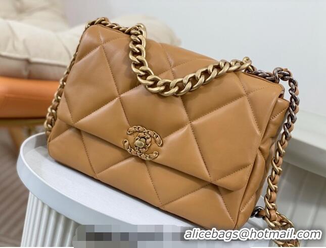 Famous Brand Chanel 19 Shiny Lambskin Large Flap Bag AS1161 Caramel Brown 2024