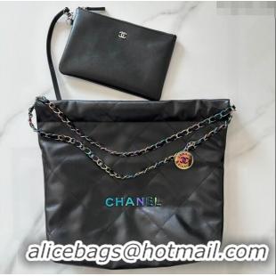 Famous Brand Chanel 22 Calfskin Small Shopping Bag AS3260 with Iridescent Logo Black 2024