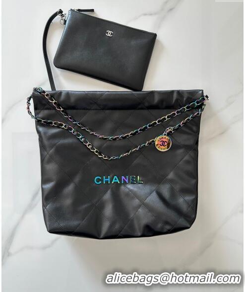 Famous Brand Chanel 22 Calfskin Small Shopping Bag AS3260 with Iridescent Logo Black 2024